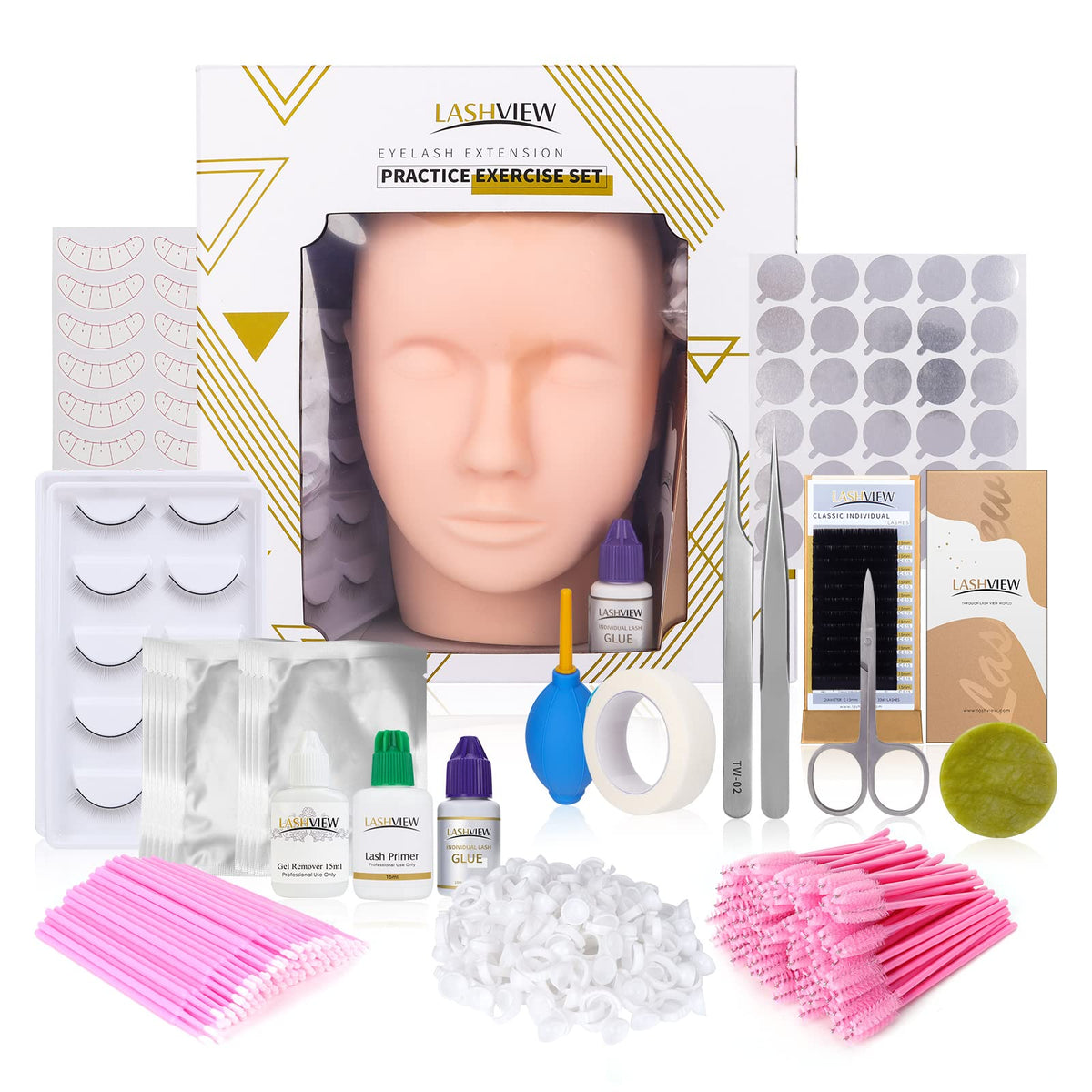 LASHVIEW Eyelash Extension Kit components including mannequin head and tools