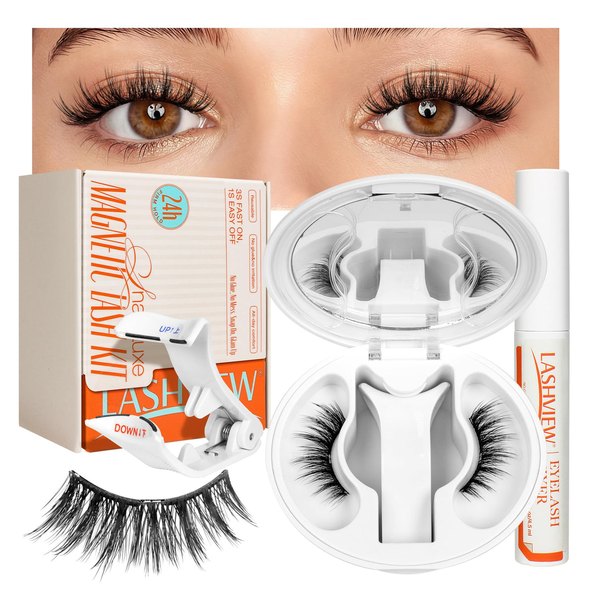 LASHVIEW Magnetic Eyelashes front view with applicator