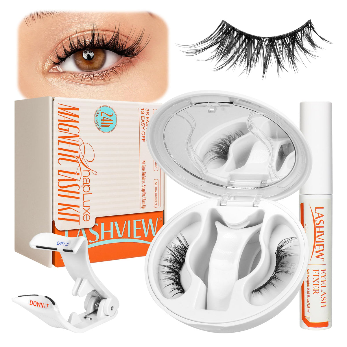 LASHVIEW Magnetic Eyelashes front view with applicator