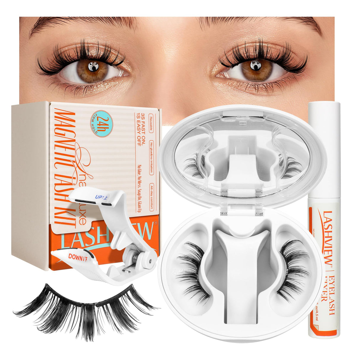 LASHVIEW magnetic eyelashes front view with applicator