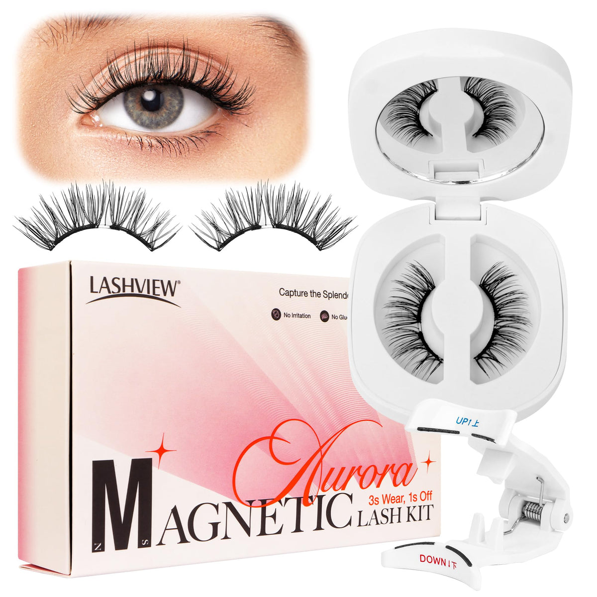 LASHVIEW Magnetic Eyelashes Kit front view with applicator
