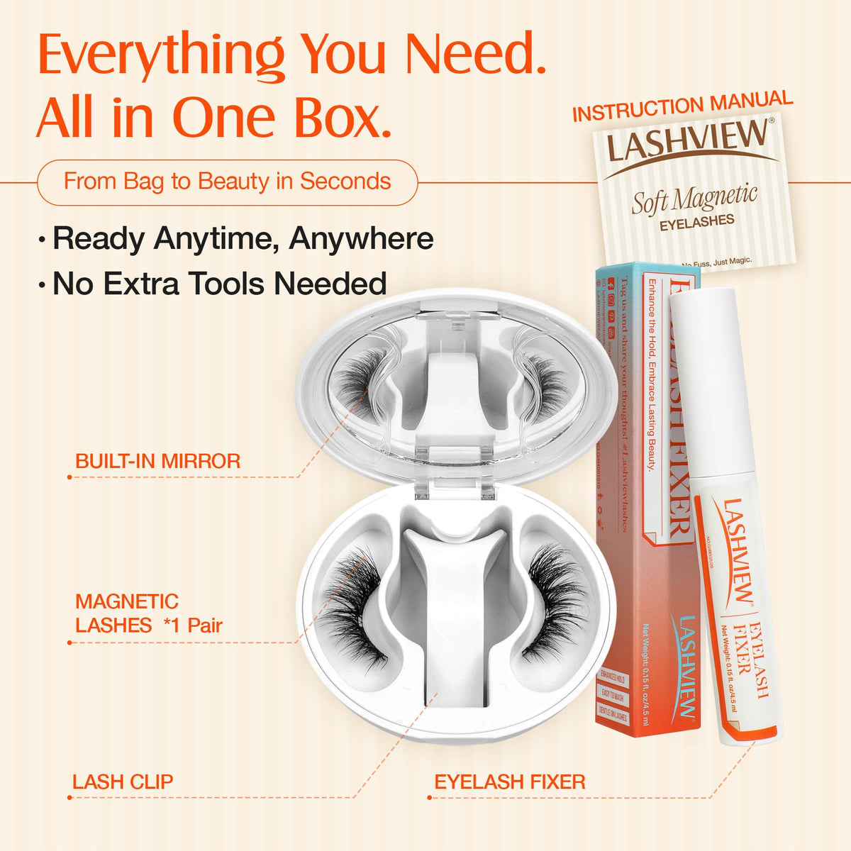 LASHVIEW Magnetic Eyelashes with lash clip and fixer on table