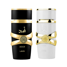 Lattafa 2 Piece Eau de Parfum Gift Set front view with Asad and Yara Moi bottles