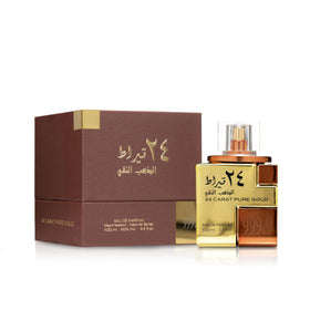 Lattafa 24 Carat Pure Gold Eau De Parfum Spray bottle close-up