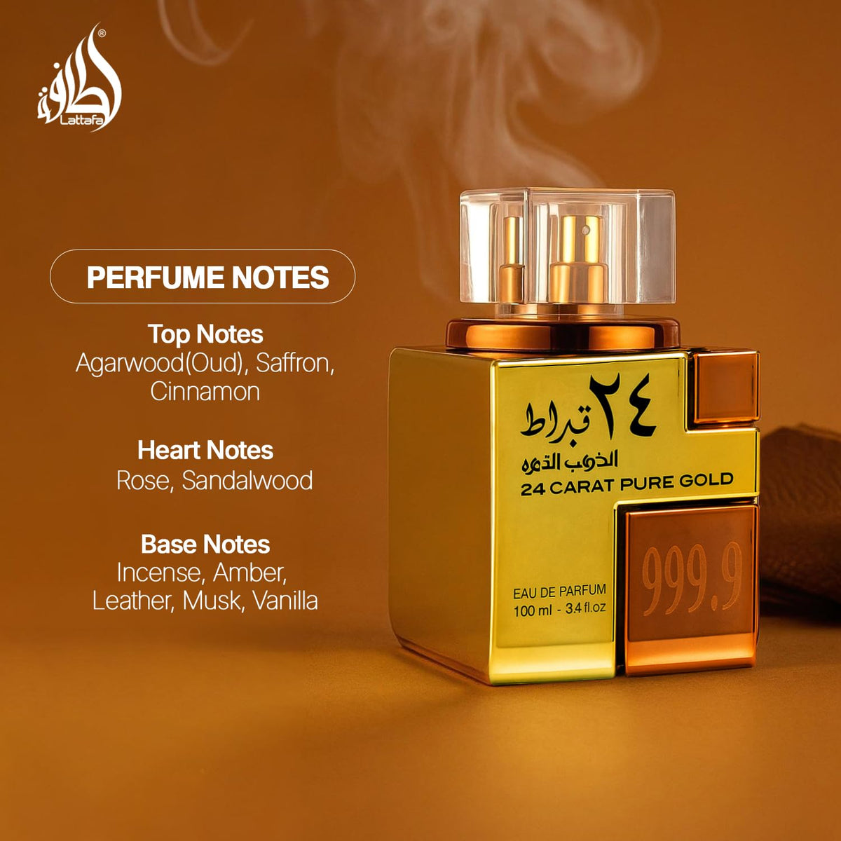 Lattafa 24 Carat Pure Gold Eau De Parfum Spray with floral background