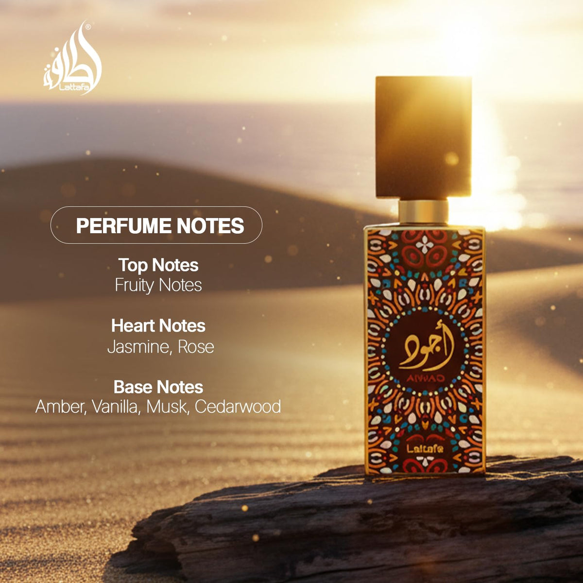 Lattafa Ajwad Eau De Parfum with floral background