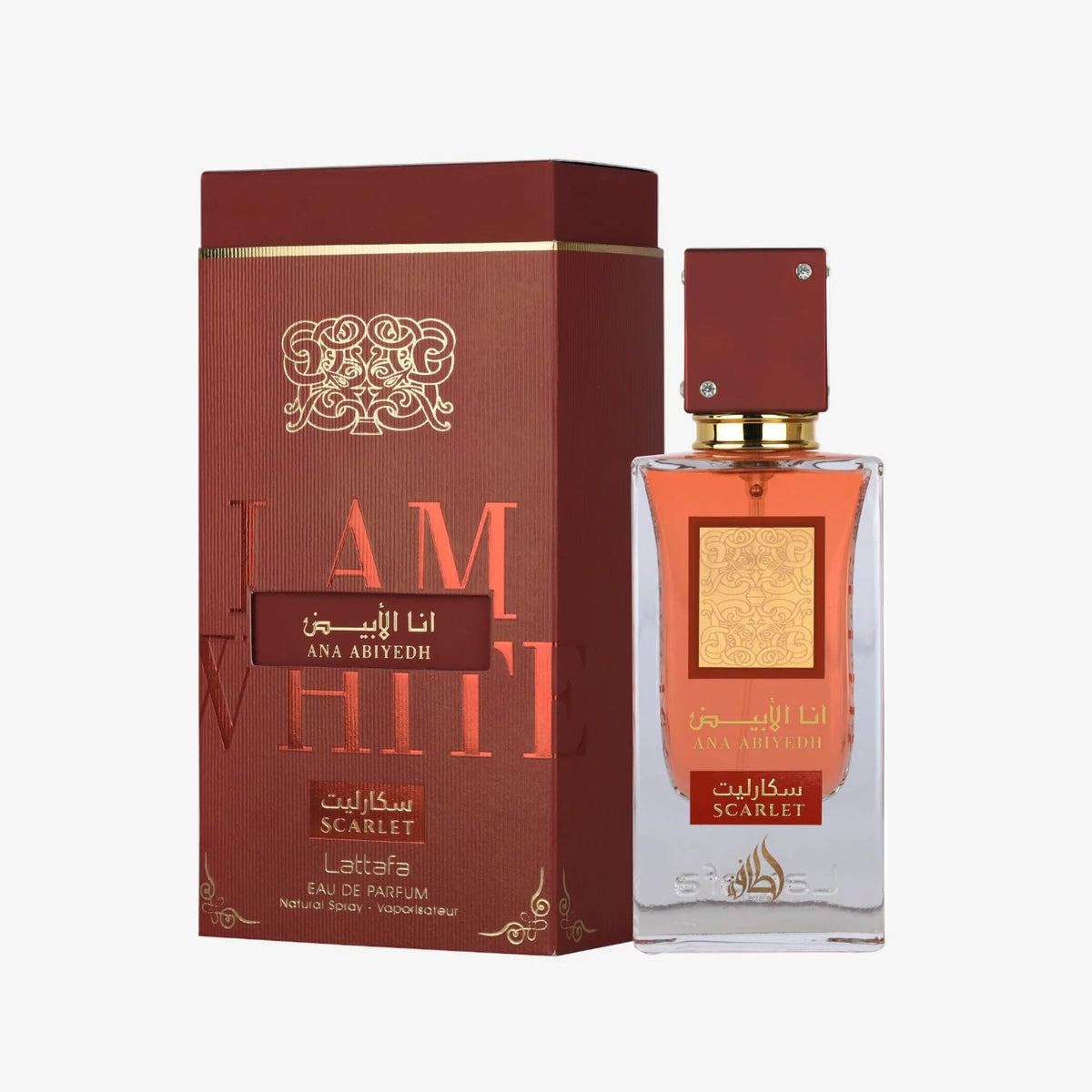 Lattafa Ana Abiyedh Scarlet bottle design side view