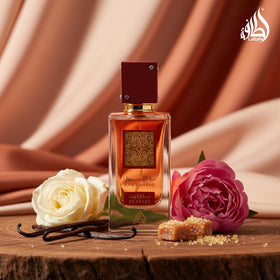 Lattafa Ana Abiyedh Scarlet bottle with floral background