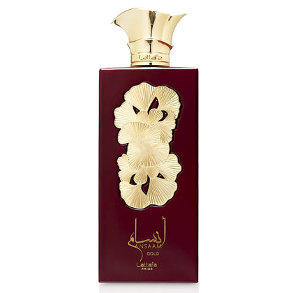 Lattafa Ansaam Gold Eau de Parfum 100ml front view in golden bottle