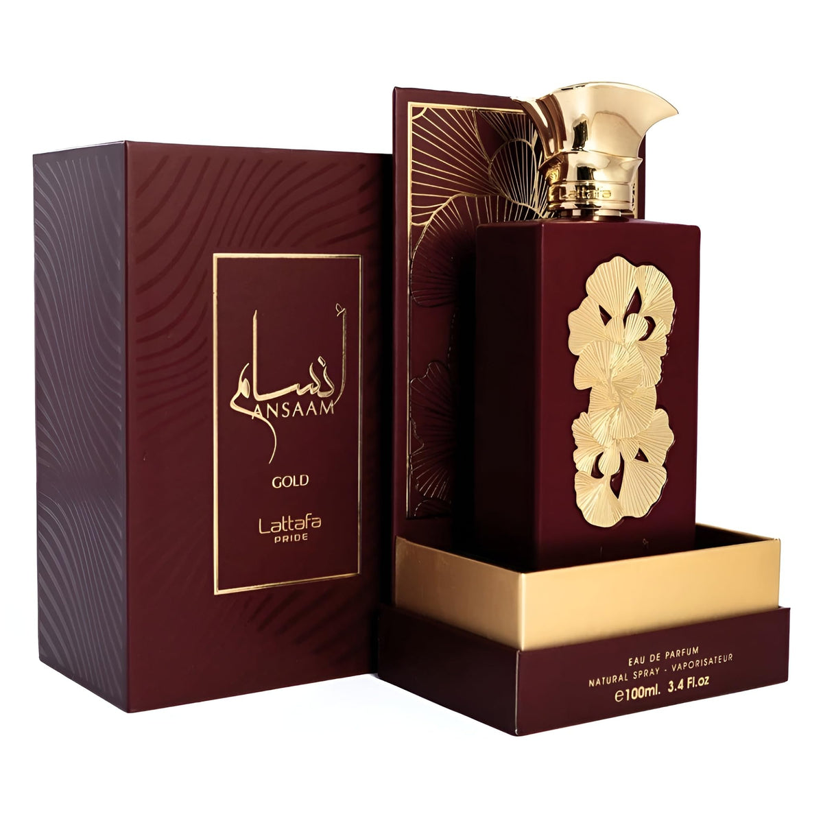 Lattafa Ansaam Gold Eau de Parfum bottle with floral background