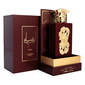 Lattafa Ansaam Gold Eau de Parfum bottle with floral background