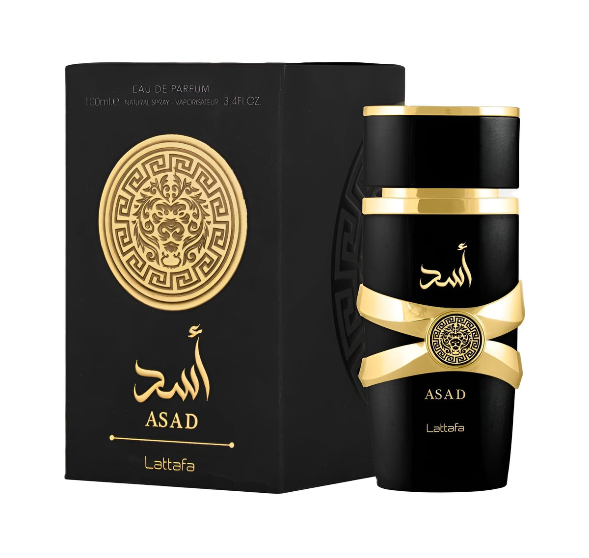 Lattafa Asad Eau de Parfum bottle close-up showing unique notes