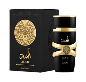 Lattafa Asad Eau de Parfum bottle close-up showing unique notes