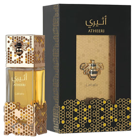 Lattafa Atheeri bottle with floral background