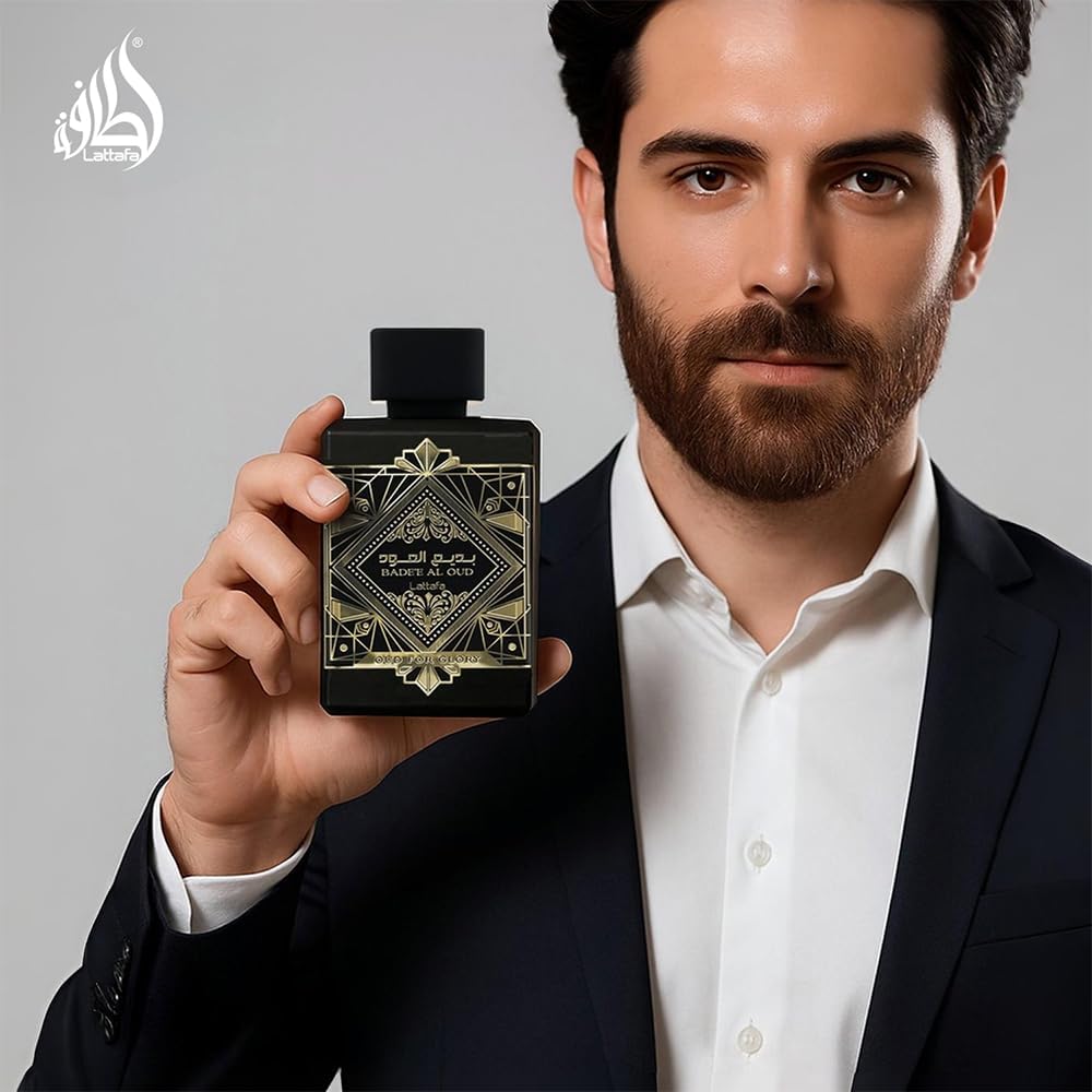 Lattafa Bade'e Al Oud Eau de Parfum on a vanity