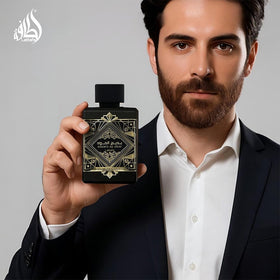 Lattafa Bade'e Al Oud Eau de Parfum on a vanity