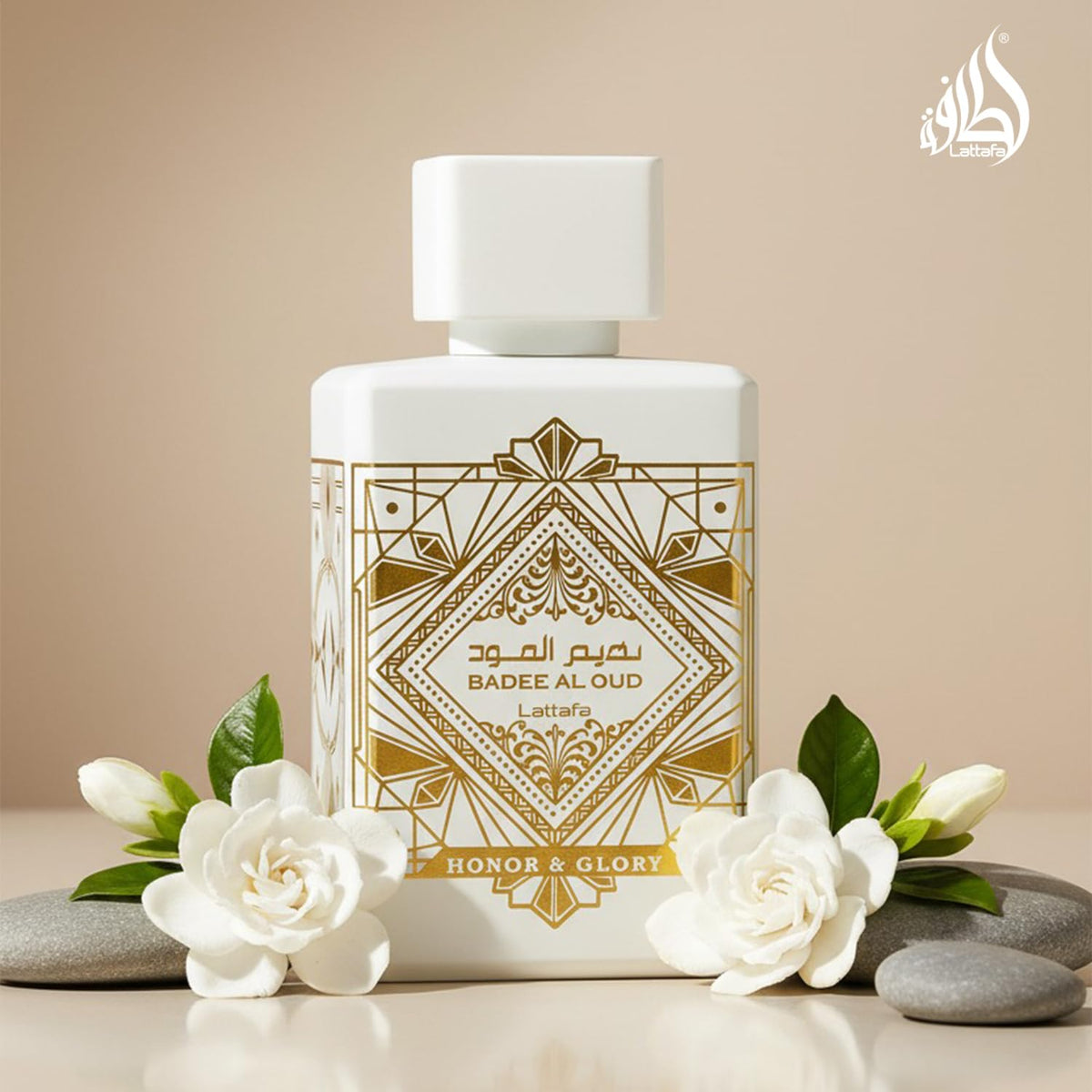 Lattafa Bade'e Al Oud Honor & Glory Eau de Parfum bottle on a table