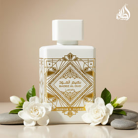 Lattafa Bade'e Al Oud Honor & Glory Eau de Parfum bottle on a table