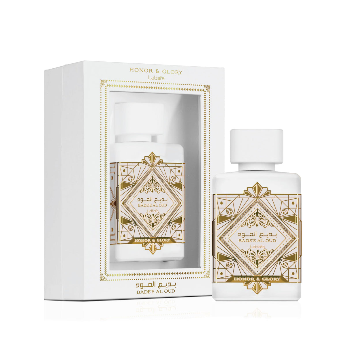 Lattafa Bade'e Al Oud Honor & Glory Eau de Parfum bottle side view