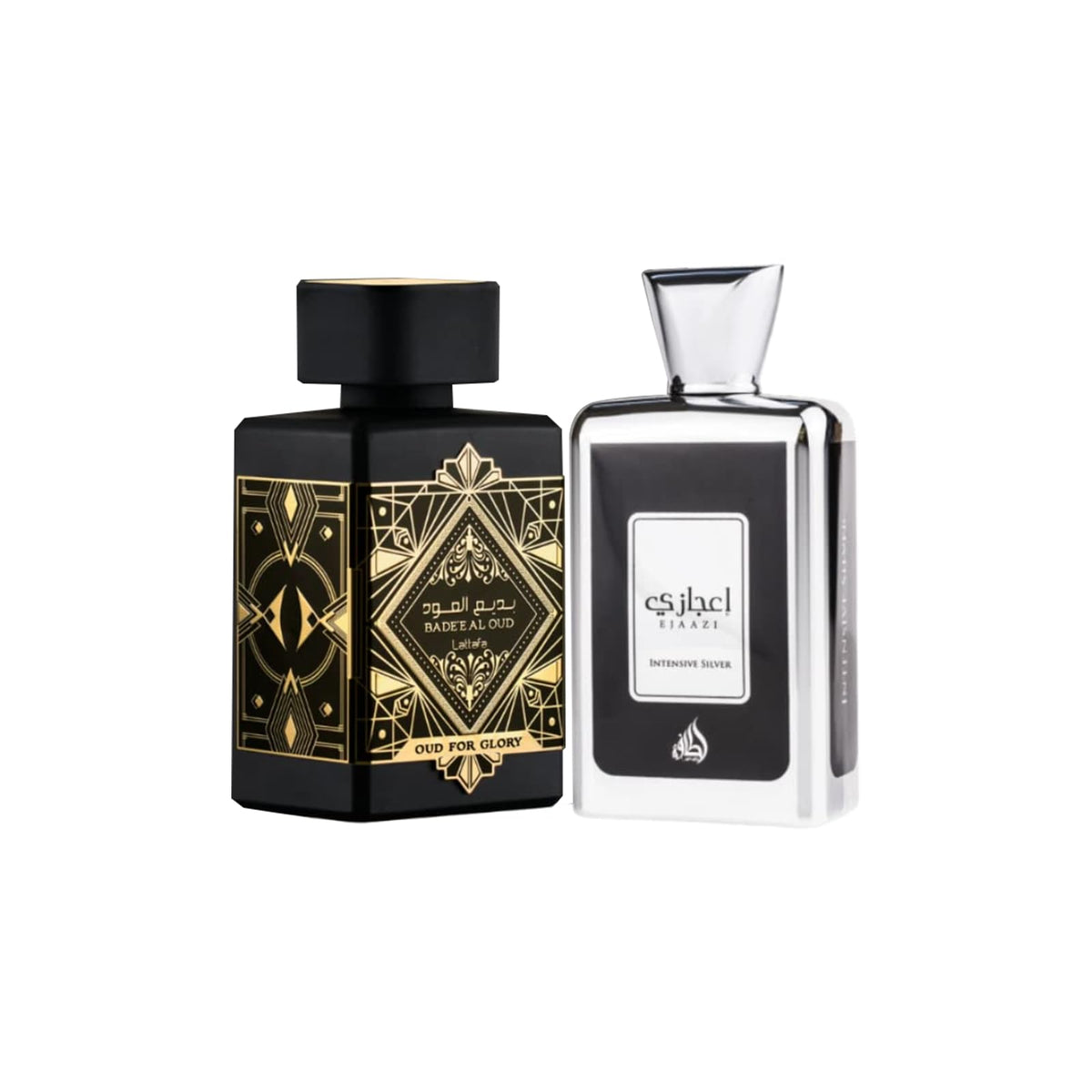 Lattafa Eau de Parfum Gift Set front view with Bade'e Al Oud and Ejaazi Intensive Silver