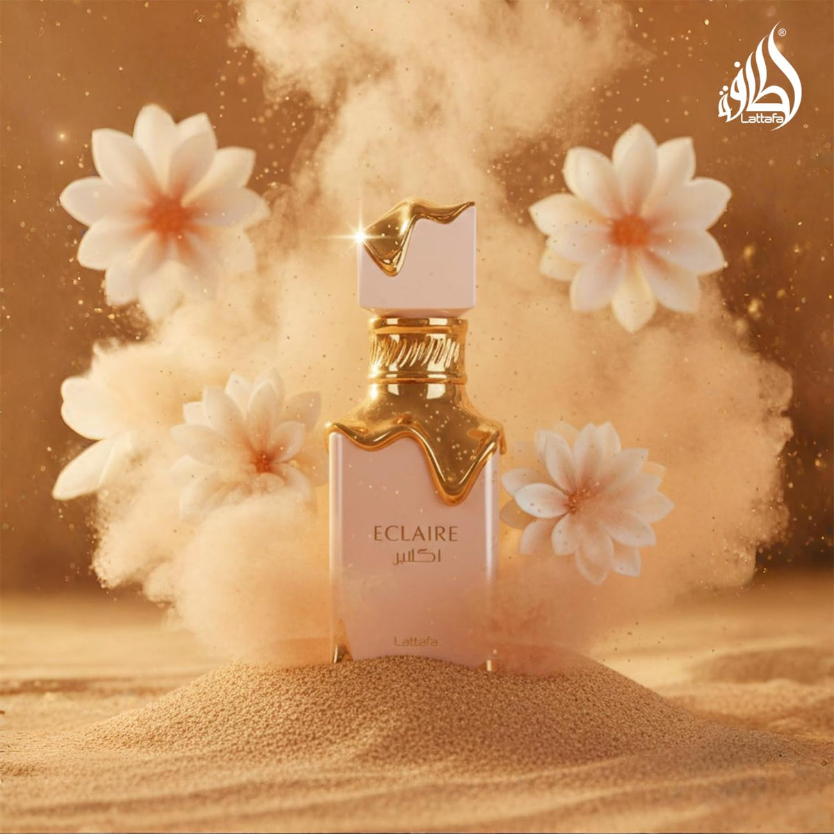 Lattafa Eclaire Eau de Parfum bottle on vanity