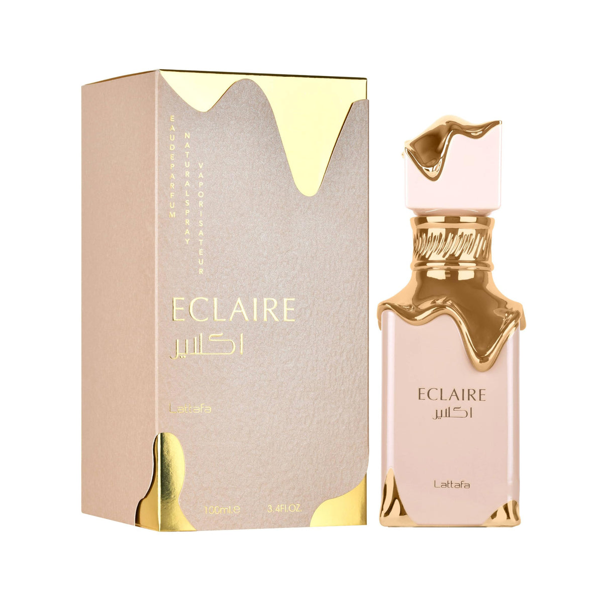 Lattafa Eclaire Eau de Parfum bottle with floral background