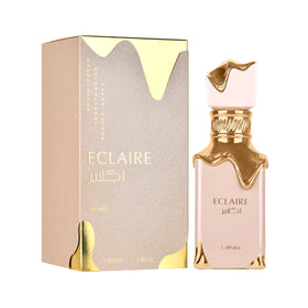 Lattafa Eclaire Eau de Parfum bottle with floral background