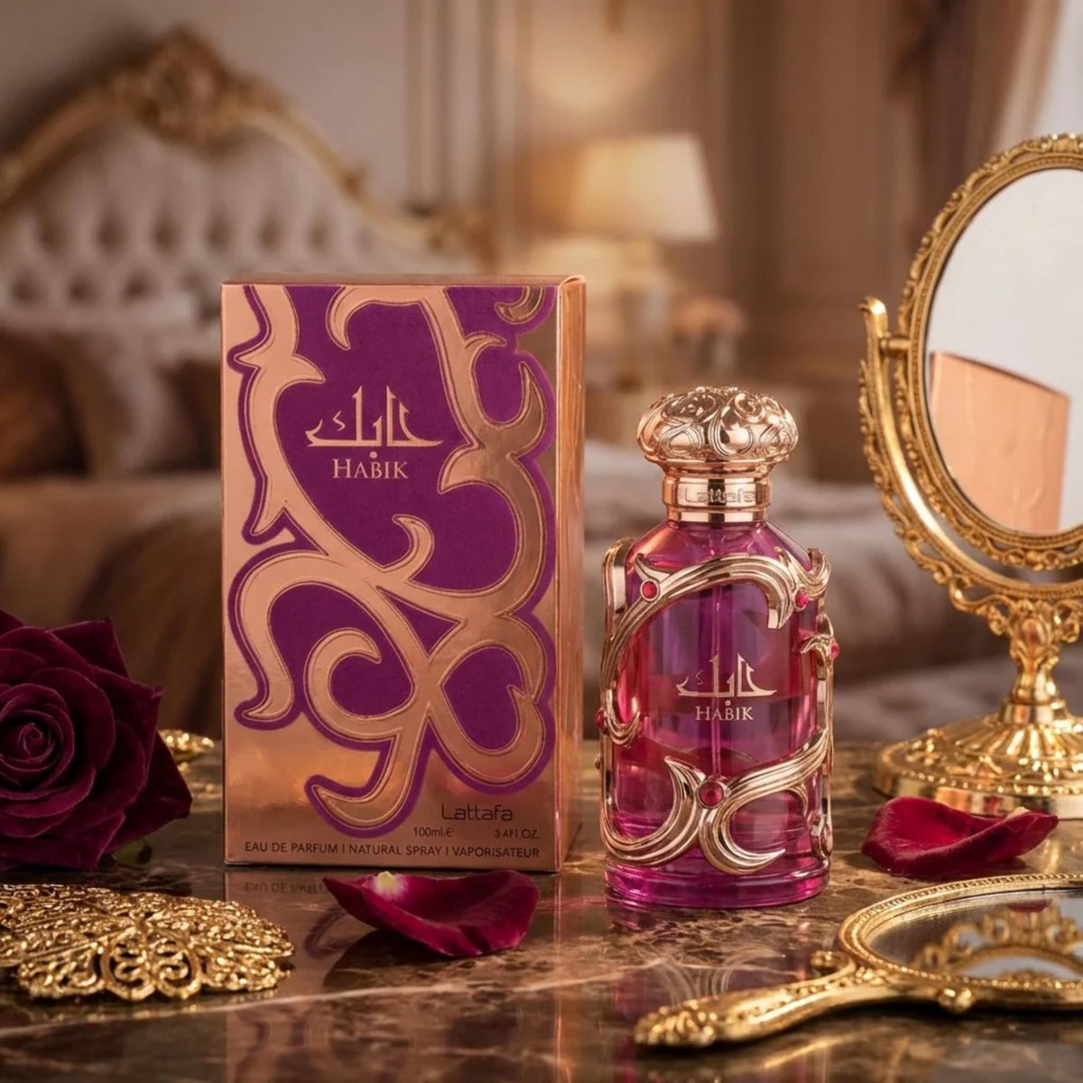 Lattafa Habik Eau de Parfum 100 ml on a vanity with soft lighting