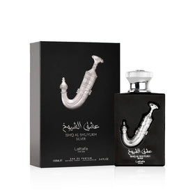 Lattafa Ishq Al Shuyukh Silver Eau de Parfum bottle close-up