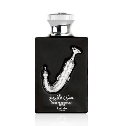 Lattafa Ishq Al Shuyukh Silver Eau de Parfum front view 100ml bottle