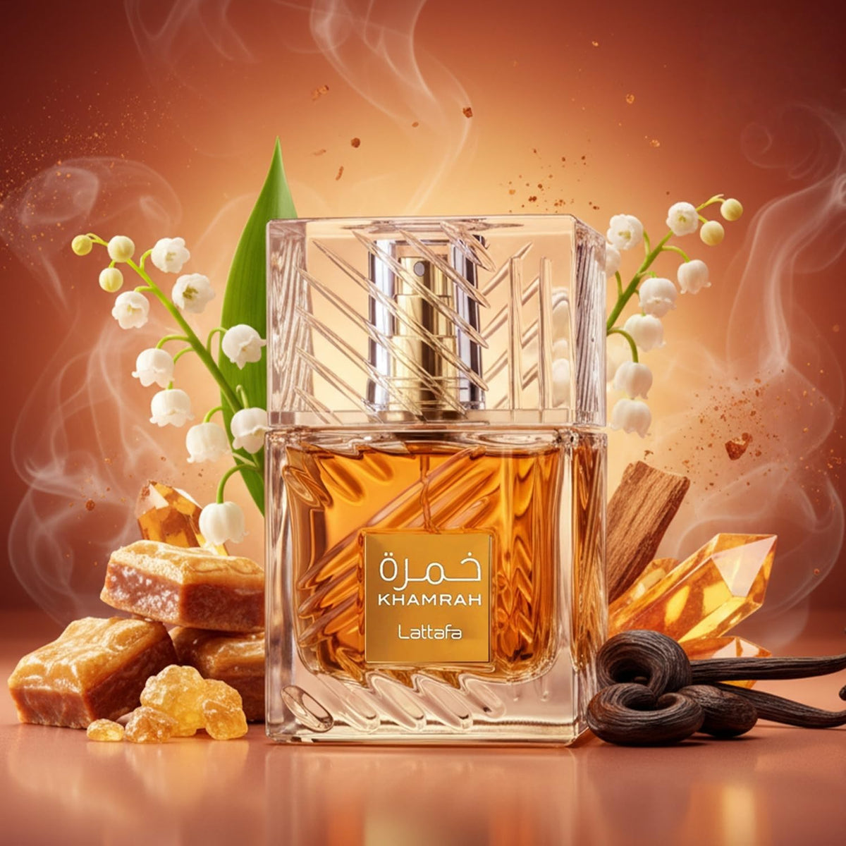 Lattafa Khamrah 100ml bottle with warm background
