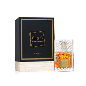 Lattafa Khamrah bottle side view with cap