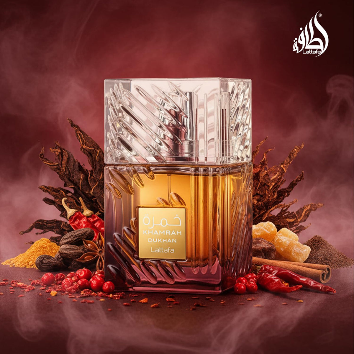 Lattafa Khamrah Dukhan Eau de Parfum Spray 100ml close-up of bottle