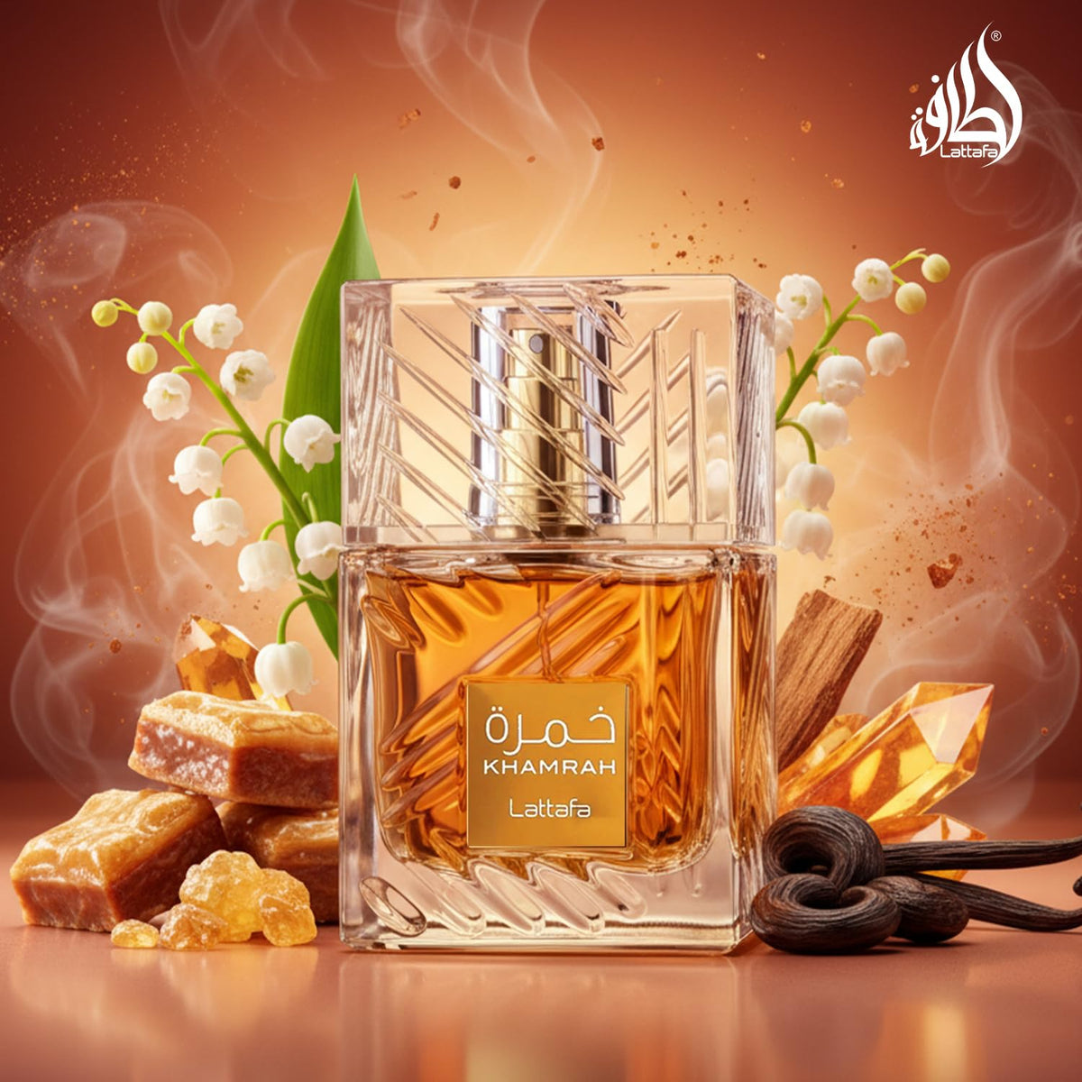 Lattafa Khamrah Eau de Parfum 100ml on a vanity