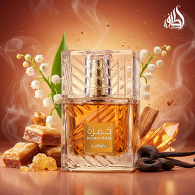 Lattafa Khamrah Eau de Parfum 100ml on a vanity