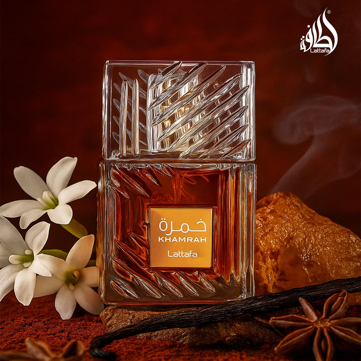 Lattafa Khamrah Eau de Parfum close-up of label