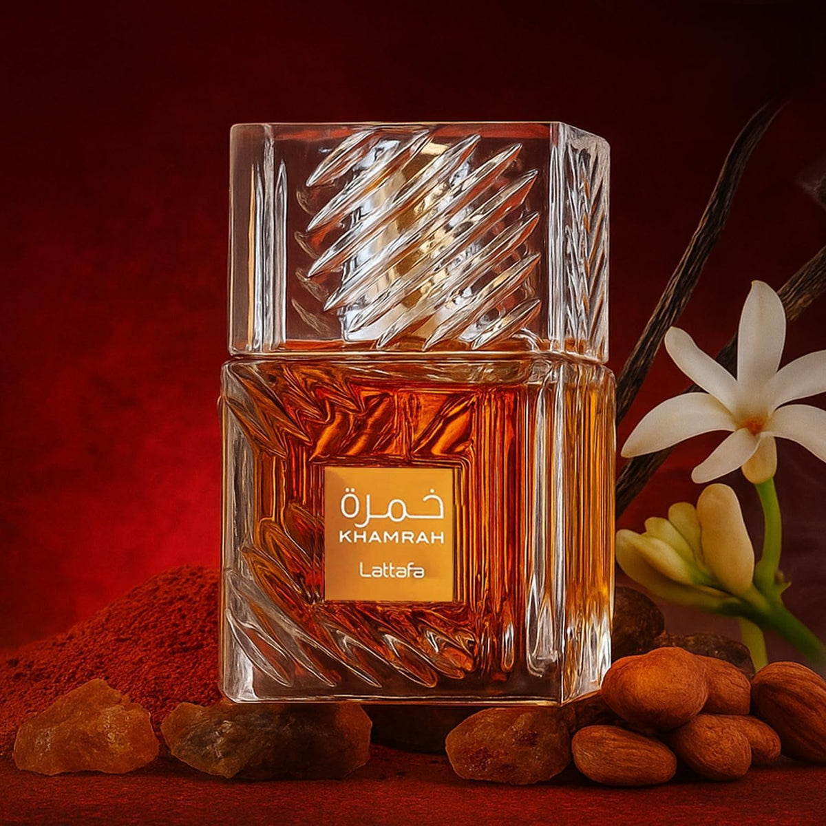 Lattafa Khamrah fragrance bottle on vanity