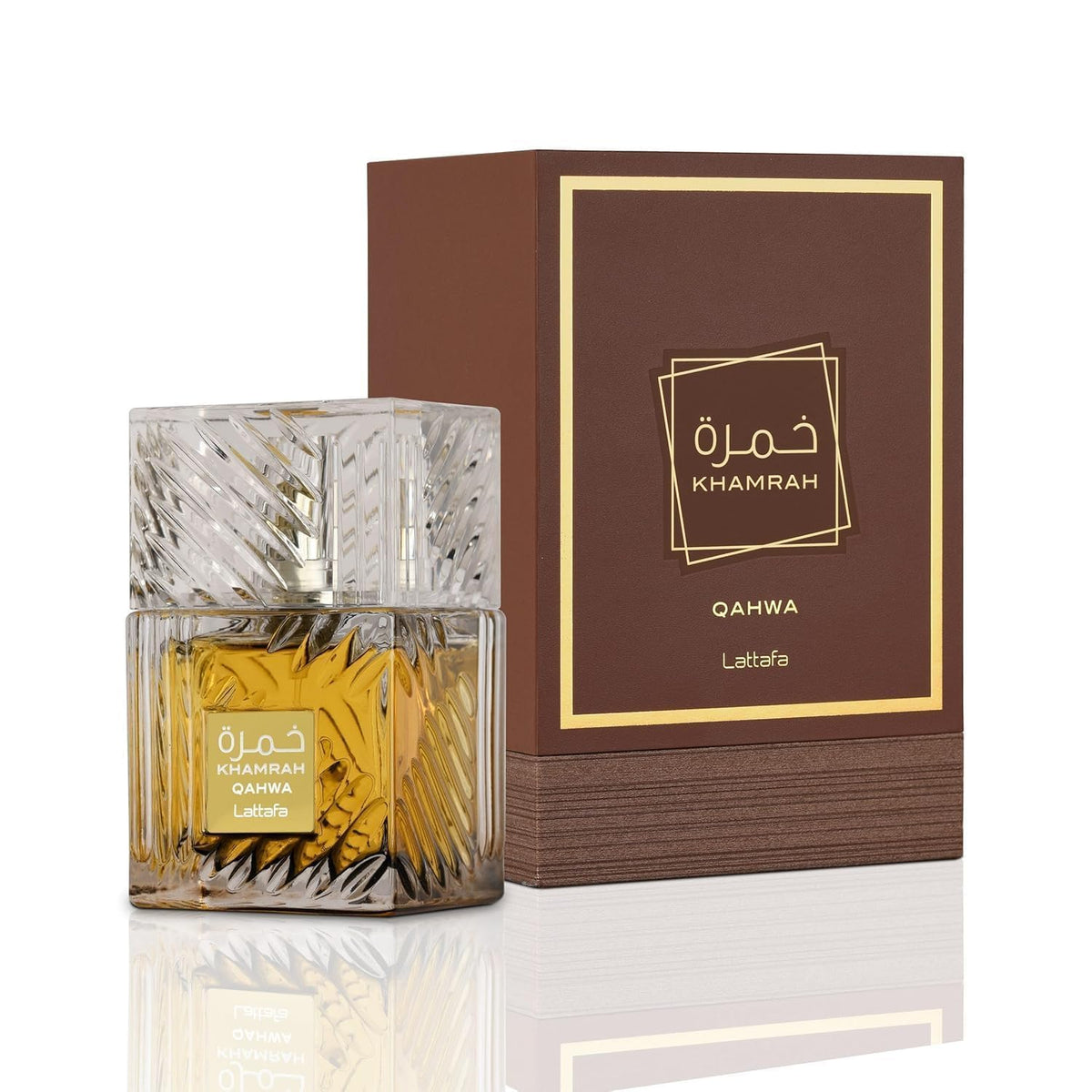 Lattafa Khamrah Qahwa Eau de Parfum 100ml bottle side view