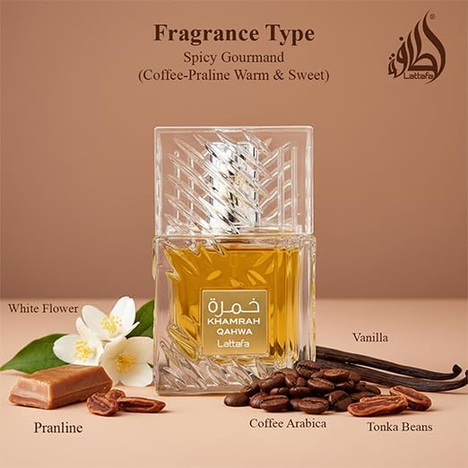 Lattafa Khamrah Qahwa Eau de Parfum bottle with flowers