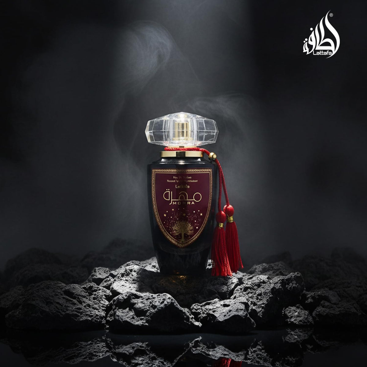 Lattafa Mohra Eau de Parfum Spray with floral background