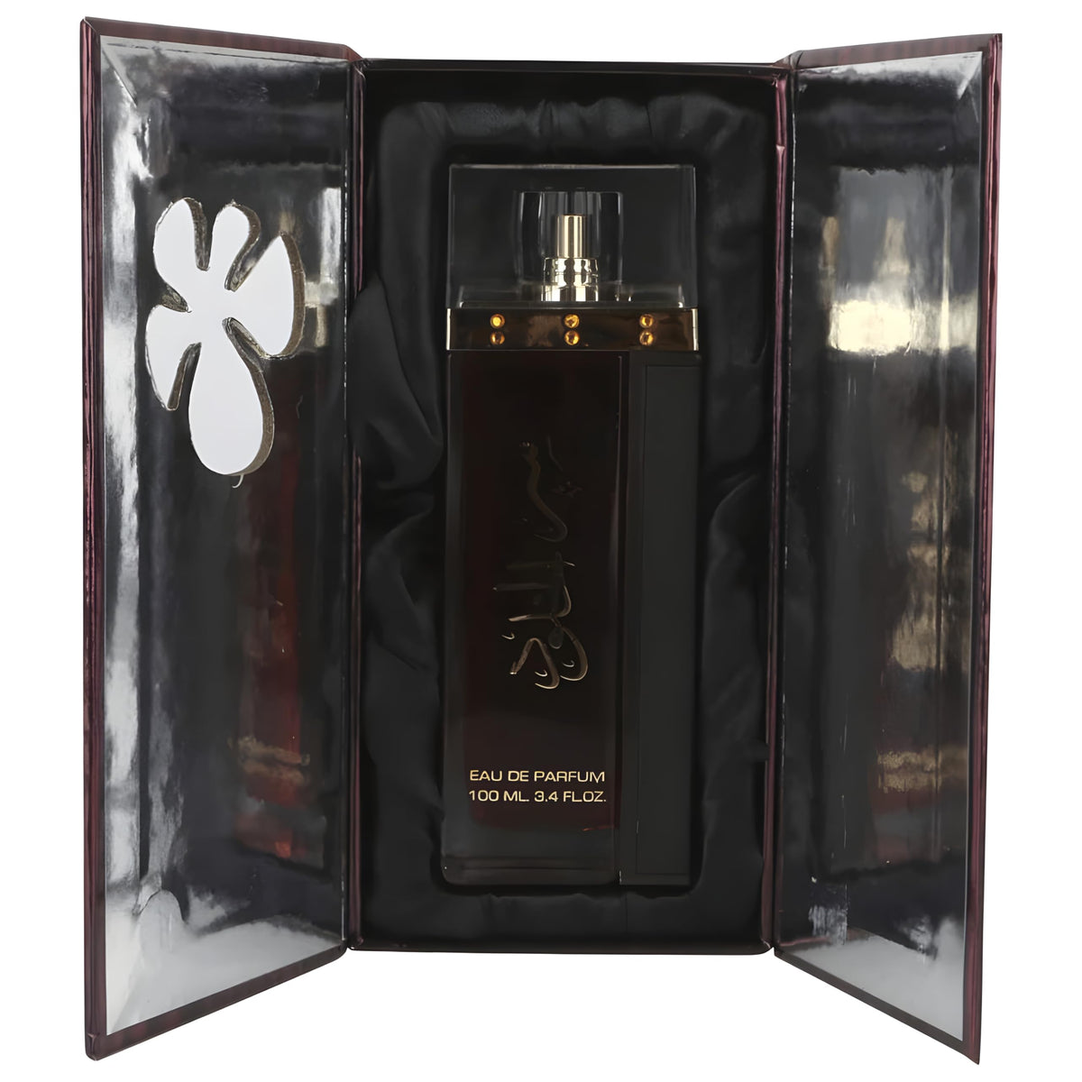 Lattafa Ser Al Khulood Gold Eau de Parfum bottle with cap removed