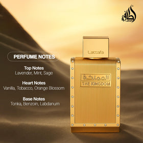 Lattafa The Kingdom Eau De Parfum on a wooden surface