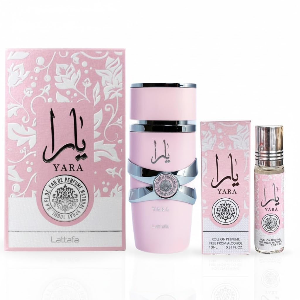 Lattafa Yara 2-piece fragrance bundle including 3.4 Oz Eau de Parfum and 0.34 Oz concentrated perfume oil