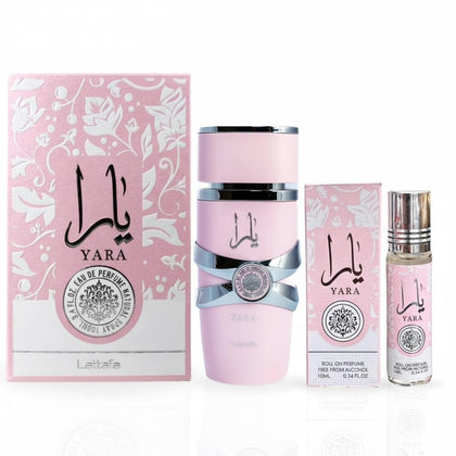 Lattafa Yara 2-piece fragrance bundle including 3.4 Oz Eau de Parfum and 0.34 Oz concentrated perfume oil