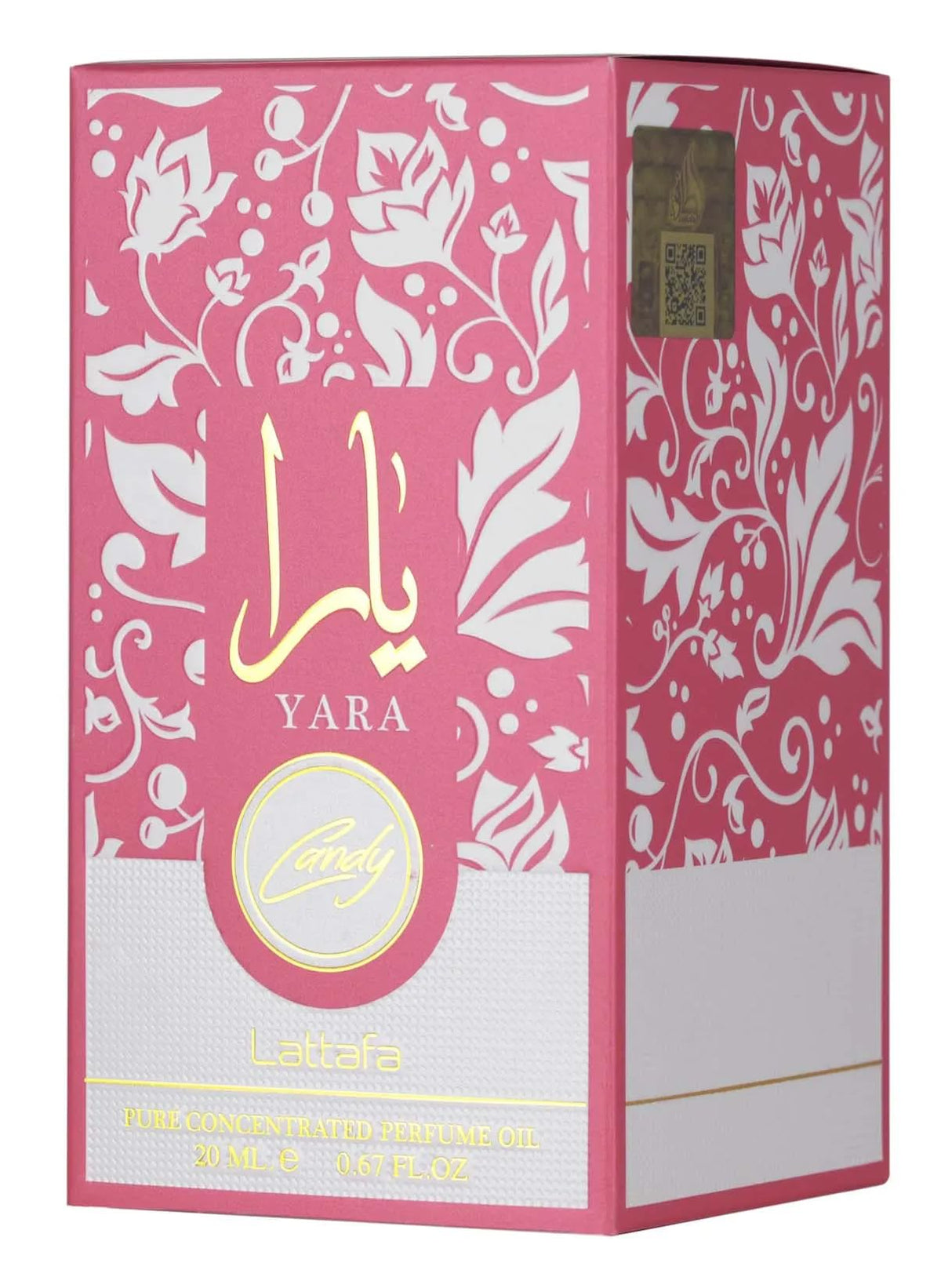 Lattafa Yara Candy 20ml perfume bottle with floral background