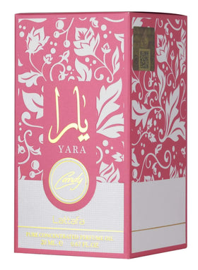 Lattafa Yara Candy 20ml perfume bottle with floral background