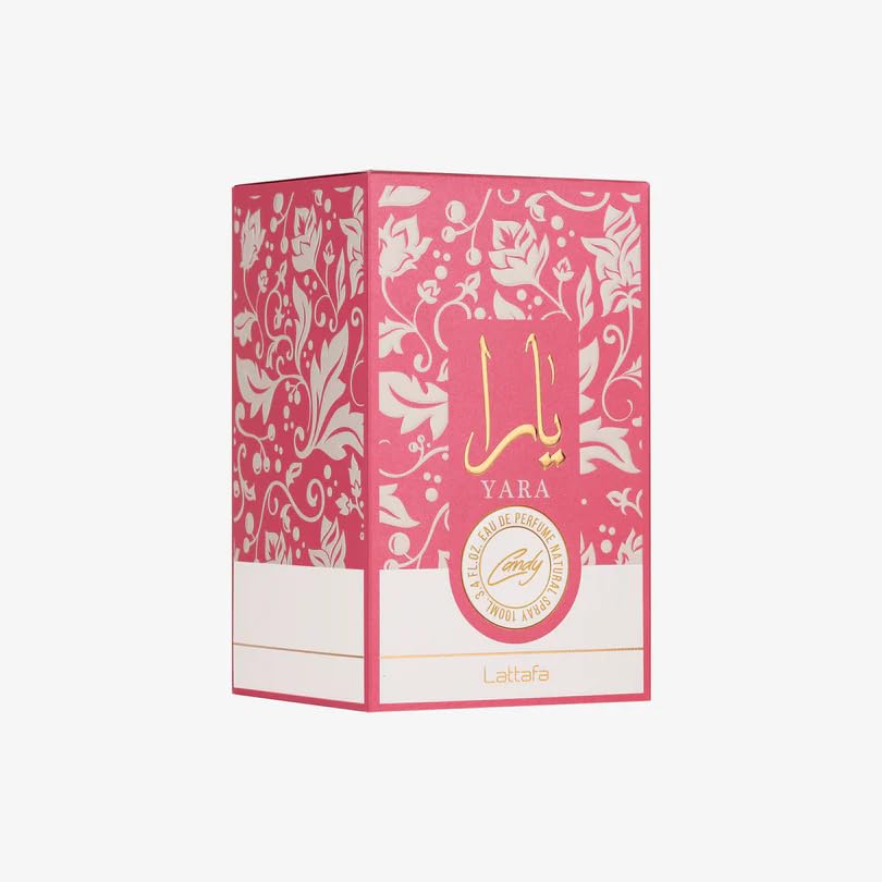 Lattafa Yara Candy bottle with floral background