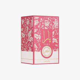 Lattafa Yara Candy bottle with floral background