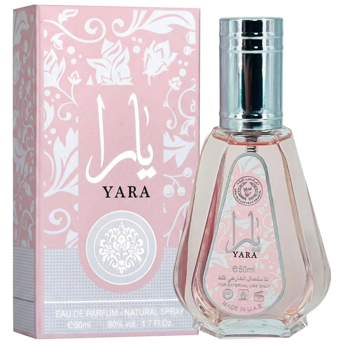 Lattafa Yara Eau de Parfum 50ml bottle side view showcasing the floral theme