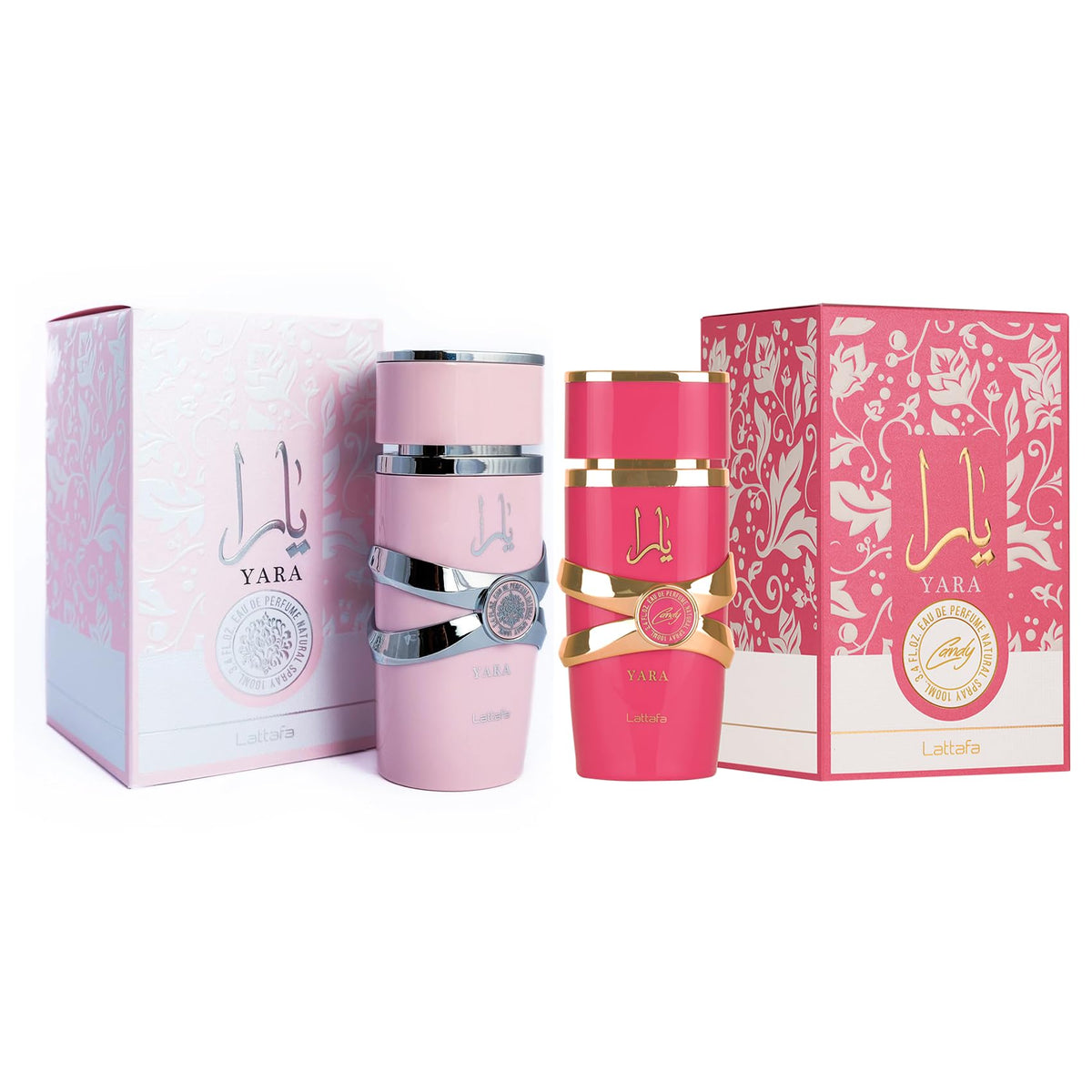 Lattafa Yara Eau de Parfum and Yara Candy Eau de Parfum bottles side view